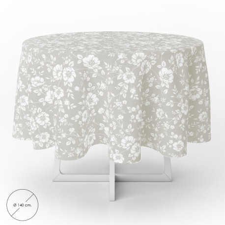 Mantel Hule Redondo Flores Blancas Impermeable Antimanchas PVC Ø140 cm. Uso Interior y Exterior