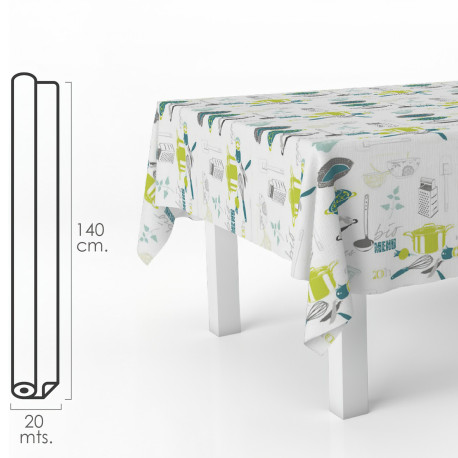 Mantel Hule Rectangular Accesorios Cocina. Impermeable Antimanchas PVC 140 cm x 20 metros. Rollo Recortable. Interior y Exterior
