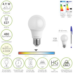 Bombilla Led Estandar Rosca E27. 4.9 Watt. Equivale A 40 Watt. 480 Lumenes. Luz Blanca (4000º K.)