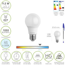 Bombilla Led Estandar Rosca E27. 9.5 Watt. Equivale A 75 Watt. 1055 Lumenes. Luz Fría (6500º K.)