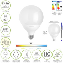 Bombilla Led Esfera Globo E27. 13,5 Watt. Equivale A 100 Watt. 1521 Lumenes. Luz Neutra 4000º K.